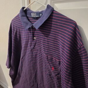 Polo Ralph Lauren Mens XXL Navy Blue Red Striped Short Sleeve Pocket Polo Shirt